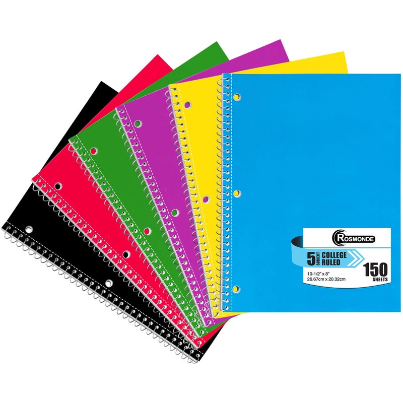 Rosmonde 5 Subject Notebook College Ruled, 6 Value Pack, 300 Pages (150 Sheets), 8 x 10-1/2"", 5 Subject College Ruled Spiral Notebooks for School & Office, Thick Paper Fights Ink Bleed, 3 Hole Punched - Image 1
